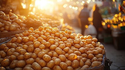 Pile of potatoes in wicker baskets at a market with blurred background