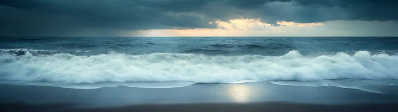 Stormy skies over a beach with waves crashing into the shore banner