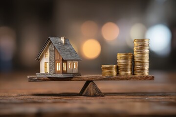 Premium photo of real estate concept with a house and coins on a wooden balance scale. This image is the winner of a real estate market growth stock photo contest. The.