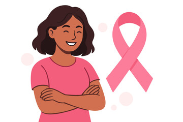 Breast Cancer Awareness Month vector concept. Strong smiling woman with arms crossed next to a pink ribbon. Symbol of hope, solidarity, support, and survival for a medical campaign.