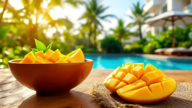 Fresh mangoes sit in bowls by the pool on a sunny day in a tropical resort garden