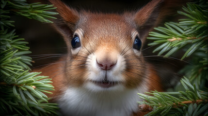 Close-up portrait of an adorable red squirrel peeking curiously from behind a branch, with a softly blurred natural forest background, capturing the lively and charming nature of wildlife
