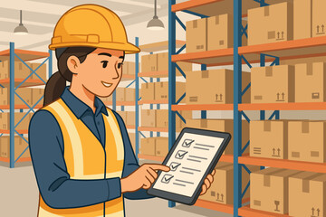 Warehouse worker woman using tablet for inventory control. Logistics manager inspecting stock on shelves with a digital checklist. Supply chain and order fulfillment concept.