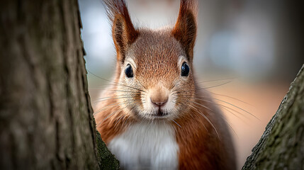 Close-up portrait of an adorable red squirrel peeking curiously from behind a branch, with a softly blurred natural forest background, capturing the lively and charming nature of wildlife
