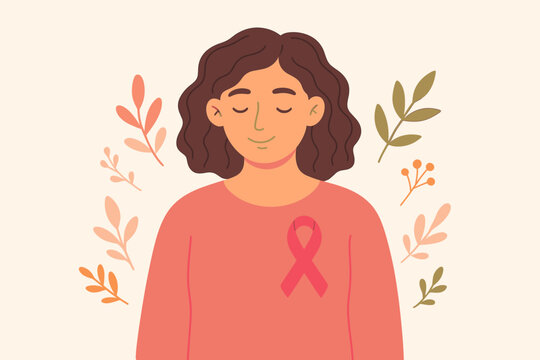 Breast Cancer Awareness Month illustration. A woman with a pink ribbon symbolizes hope, support, and survival. Female healthcare and medical checkup campaign vector concept.