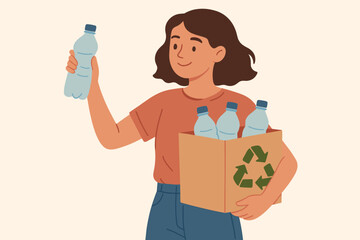 Young woman sorting plastic waste bottles for recycling. Eco friendly lifestyle and environmental protection concept. Volunteer girl collecting plastic garbage in a box with a recycle symbol.