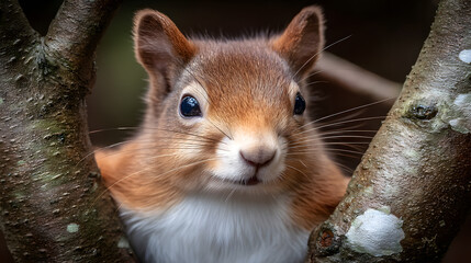 Close-up portrait of an adorable red squirrel peeking curiously from behind a branch, with a softly blurred natural forest background, capturing the lively and charming nature of wildlife
