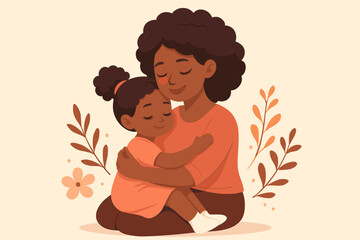 Black mother hugging her daughter with love. African American family concept for Mother's Day. Mom and child embrace tenderly. Cute cartoon vector illustration of parental love.