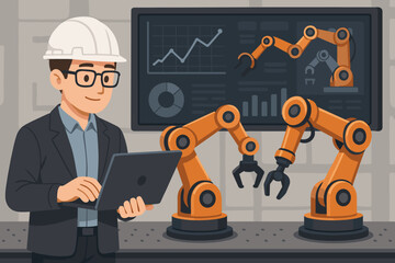 Engineer with laptop controlling robotic arms on an assembly line. Smart factory automation and Industry 4.0 concept. Industrial robot technology with data analysis dashboard.