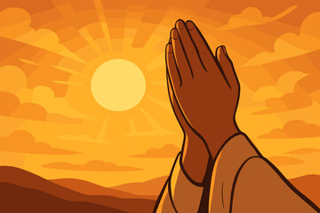 Hands clasped in prayer at sunset or sunrise. Vector illustration representing faith, religion, and spirituality. A concept of worship, hope, gratitude, and devotion to God.