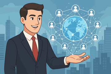 Businessman presenting a global network. Digital Earth hologram with connected people icons. Concept of international business, technology, social media, marketing and globalization.