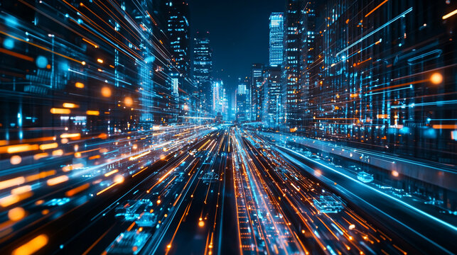 Abstract city skyline with light trails and futuristic aesthetic at night time in a metropolis