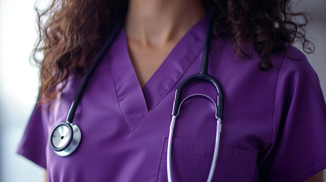 Close up of a nurse wearing purple scrubs and a stethoscope around her neck in a hospital setting