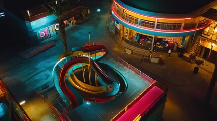 Vibrant Night View of Colorful Water Slide and Bright Buildings in an Amusement Park Setting