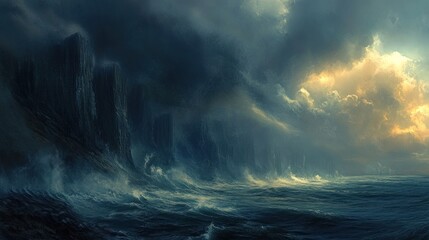 Fototapeta premium Dramatic seascape featuring towering cliffs, stormy clouds, and turbulent waves