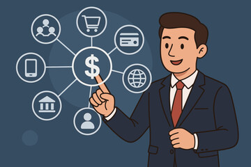 Businessman pointing at financial technology icon network. Concept of digital business, e-commerce, online payment, mobile banking, global investment and fintech innovation strategy.