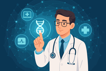 Doctor interacting with a digital healthcare interface. Medical technology and telemedicine concept with DNA, EKG and health data icons. Future of medicine, genetic research innovation.