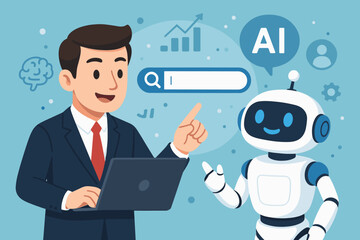 Businessman using AI chatbot for business solutions and data analysis. Man with laptop interacts with robot assistant for company growth. Artificial intelligence and automation concept.