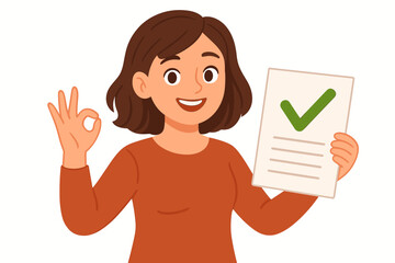 Vector illustration of a happy woman showing an approved document. Green checkmark and OK sign gesture symbolize success, completed task, quality control, passed exam, and satisfaction.