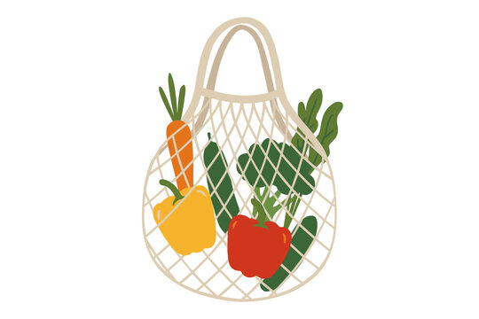 Reusable mesh grocery bag with fresh vegetables. Eco friendly shopping concept. Zero waste lifestyle. String tote with organic food like carrot, pepper, broccoli. Healthy eating.