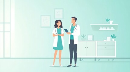 Professional healthcare workers discussing patient care in a modern medical environment with light colors and minimal design