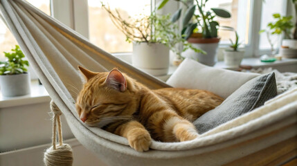 Cute ginger cat sleeping in hammock near window, great for cozy interior themes, pet care ads, relaxation content, home decor, peaceful lifestyle imagery