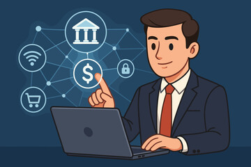 Digital Banking Technology Concept. Businessman Using Laptop for Online Payments, Secure Transactions, E-Commerce, Wireless Connection, Financial Management. Modern Fintech Illustration