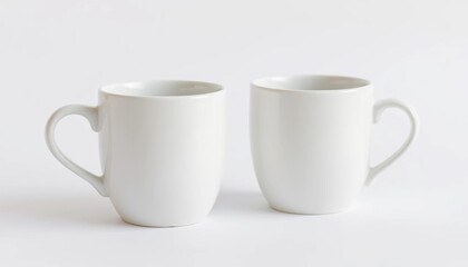 Obraz premium Two pristine white ceramic mugs sit on a plain white background, surface, branding