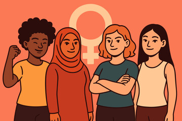 Diverse Strong Women Group Standing Together Empowerment Concept. Multicultural Female Unity, Feminism, Equality, Solidarity, Support. Girl Power Illustration with Gender Symbol Background