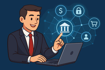 Businessman Using Laptop for Digital Banking Innovation, Online Financial Transactions, Cybersecurity, E-Commerce, Secure Payments, Banking Technology, Money Transfer, Network Connections