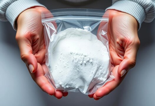 Two hands reach into a plastic baggie containing a white powder, line, narcotics