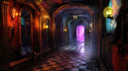Fototapeta premium Mysterious hallway with archways and glowing light, creating a surreal atmosphere
