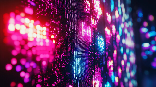 Abstract close up of a digital display with bright pink and blue lights in a dark environment