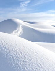A skier gracefully navigates a snowy slope, carving through fresh powder, with snow-capped mountains and a clear blue sky in the background.