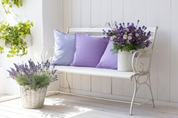 Shabby chic interior design with lavender and purple pillows decorating white bench