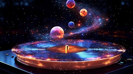 A surreal, hyper-detailed image of a glowing vinyl record serving as a cosmic stage for orbiting planets and a starry galaxy