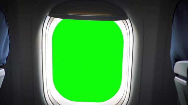 Point-of-view shot from inside an airplane, looking out through the window. The view outside the window is replaced with a green screen background for compositing. The airplane window frame