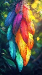 Obraz premium Colorful Feather Hanging Gracefully from Tree Branch