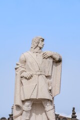 Fototapeta premium Monumental Statue of Goncalo Velho Cabral in Ponta Delgada City Square. Azorean Explorer, Historic Figure, Stone Sculpture, This monument commemorates a key historical figure