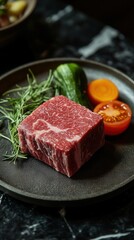 Fototapeta premium Fresh raw beef steak served with rosemary, cucumber, and cherry tomatoes on a dark plate