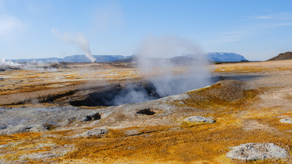 Vibrant geothermal features dominate this breathtaking landscape in Iceland. Billowing steam rises from the ground, revealing the raw power of nature.