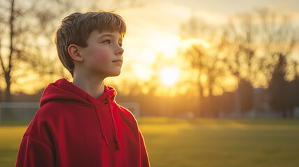 A young boy in a red hoodie looking towards a bright sunset in a blurry outdoor background