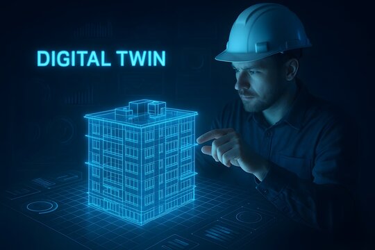 Engineer working with digital twin building model