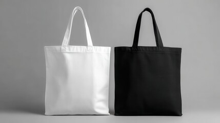 Premium image of two plain tote bags, one black and one white, are displayed side by side on a neutral gray background.