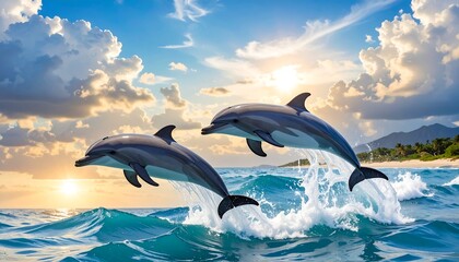 Fototapeta premium Dolphins leaping at sunset