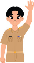 cartoon smile Thai male teacher in khaki uniform raise hand, Thai man government officer wave hand to greeting illustration
