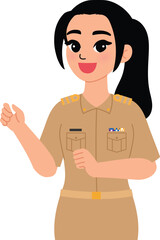cartoon smile Thai female teacher in khaki uniform, Thai woman government officer character holding pointing stick and book illustration