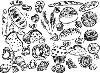 Hand-drawn assorted bread and pastries on white background 