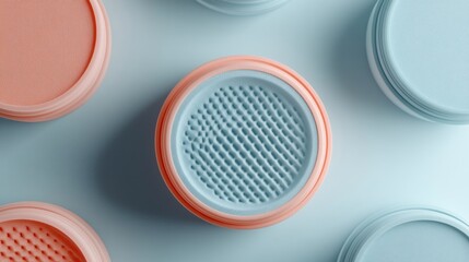 Stylish Containers with Textured Lids on a Soft Blue Background for Cosmetic or Skincare Use