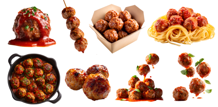 Set of Ground mince meat ball meatballs, skewer stick, takeaway box, skillet pan, with pasta, marinara tomato sauce, drip pile grilled baked, beef pork on transparent cutout PNG. Mockup template	
